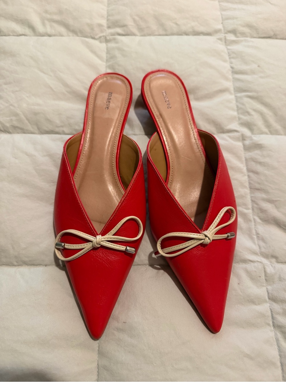 Maeve Red Pointed Slip-On Mules with Cream Bow